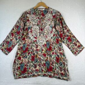 Love‎ Kyla Womens Small Floral Embroidered Henley Tunic Blouse Multicolor Boho
